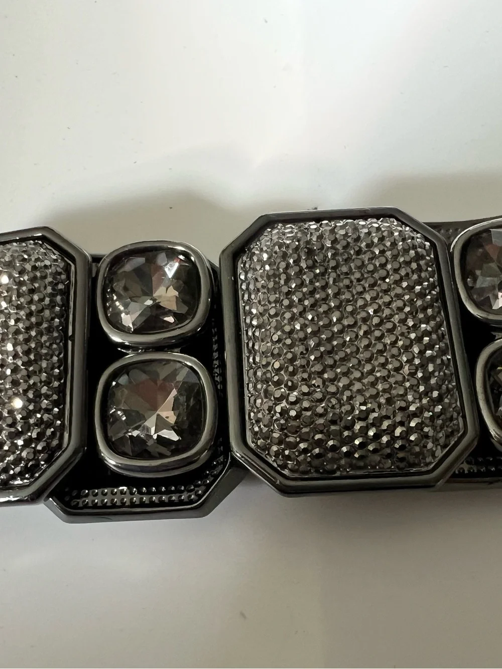 Chunky Geometric Gunmetal & Silver Rhinestone Statement Stretch Bracelet